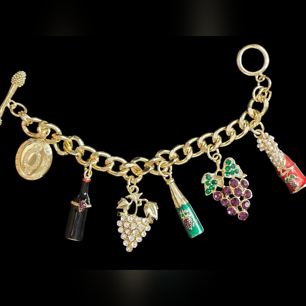 Wine Lovers Charm Bracelet Gold Tone - Heavy
